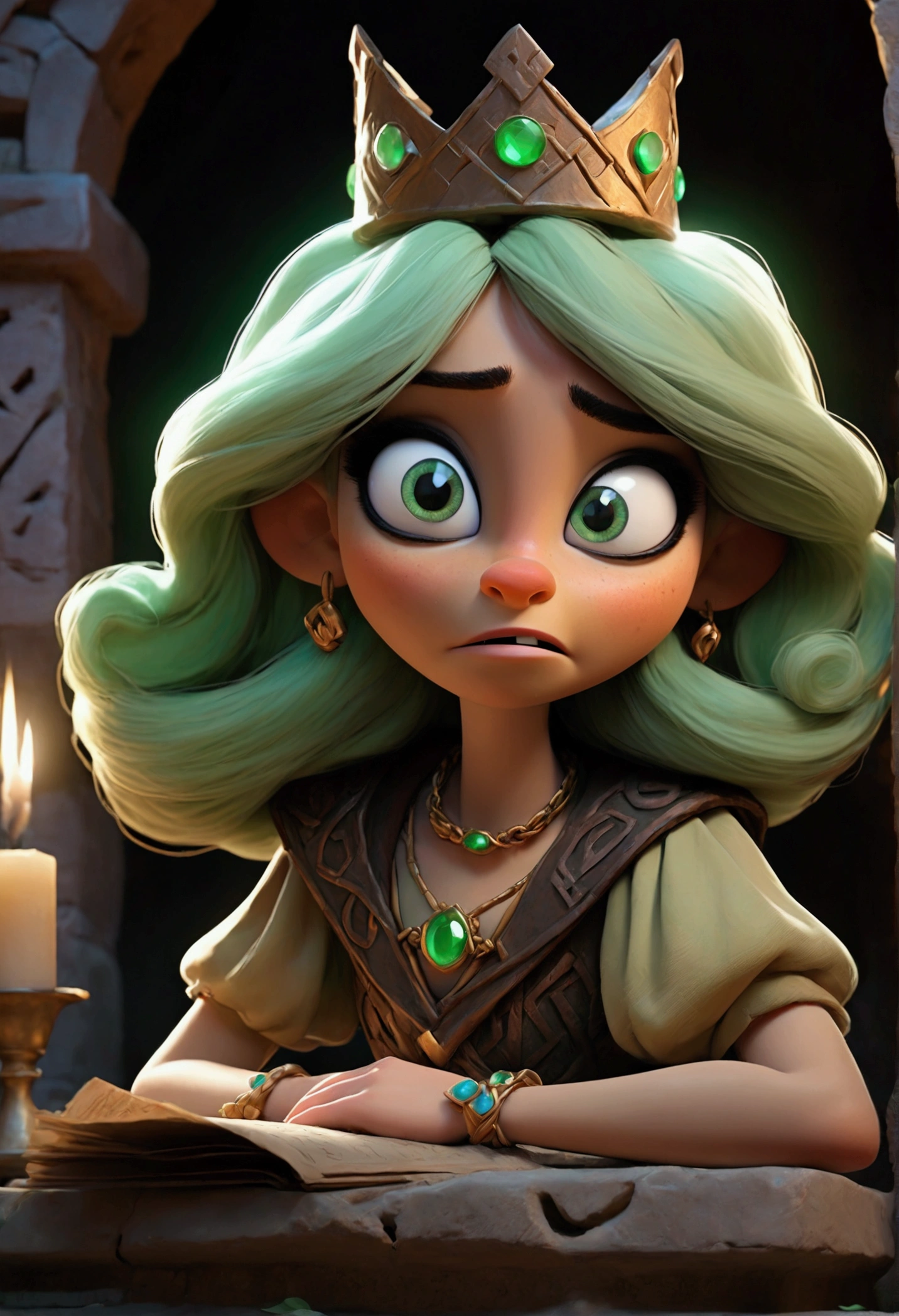 "A portrait of Buttercup, a wide-eyed, bewildered human with a goofy grin, wearing a shimmering Opal Crown. Her eyes are glowing with an unnatural, emerald green light. Behind her, a shadowy figure with long, flowing hair and a sinister smile, resembling Janice from the Muppets, is whispering in her ear. The scene is set in a crumbling tomb, illuminated by flickering torches, with ancient runes etched on the walls."