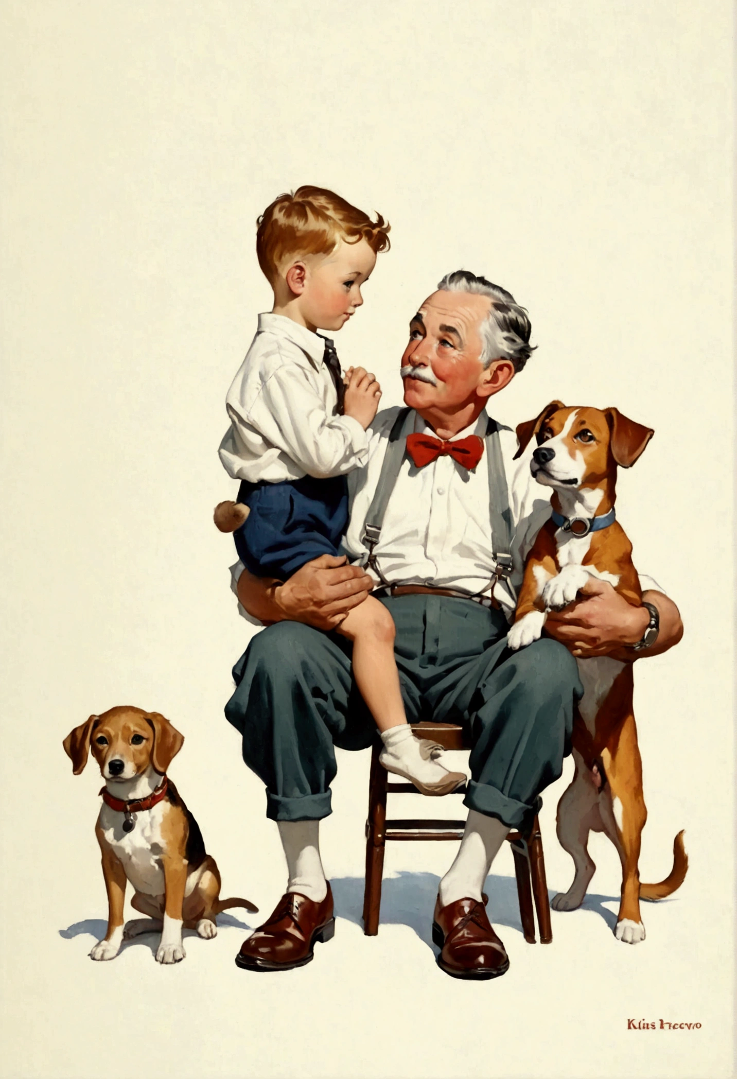 there is a painting there，A man in painting clothes、A boy and a dog, Grandfather, Norman Rockwell style, author：Gavin Hamilton (Gavin Hamilton), Lovely artwork, author Pedro Pedraja, Kubis Art, author Nadir Afonso, author：Gavin Hamilton, author：Clement Sevo, Official illustrations, Cute illustrations, Norman Rockwell style