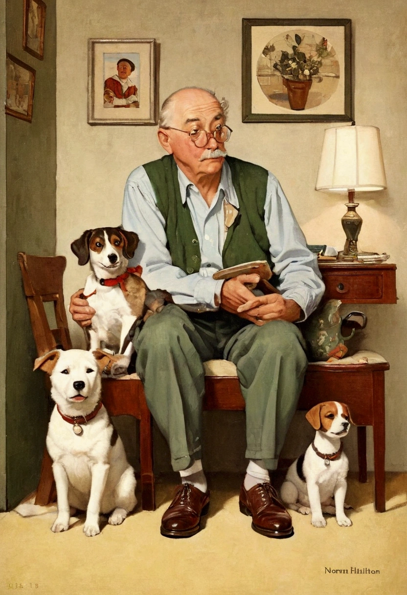 there is a painting there，A man in painting clothes、A boy and a dog, Grandfather, Norman Rockwell style, author：Gavin Hamilton (Gavin Hamilton), Lovely artwork, author Pedro Pedraja, Kubis Art, author Nadir Afonso, author：Gavin Hamilton, author：Clement Sevo, Official illustrations, Cute illustrations, Norman Rockwell style