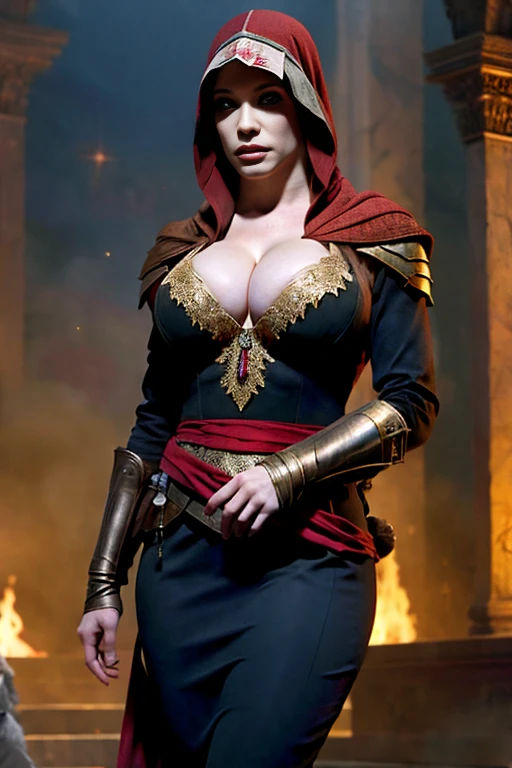 (masterpiece, best quality:1.2), 1girl, solo, Christina Hendricks as an Assassin, Assassins Creed 11, Aftermath, presumptuous, imposing expression,luxury, glamorous, sexy, cleavage, Assassins Creed uniform