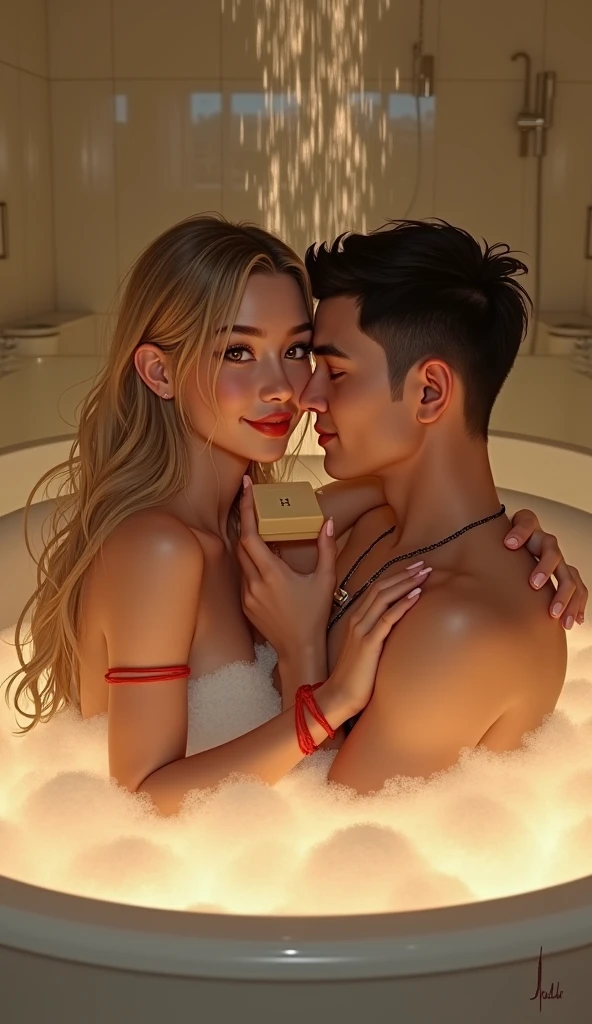 blond haired woman in a silver bikini sitting in a hot tub with a man, 8 k sensual lighting, hyper realistic ”, hyper realistic”, detailed portrait shot, medium shot of two characters, sfw version, wlop and ross tran, portrait shot, shot on canon eos r5, shot on canon eos r 5, loish and wlop, bottom angle
