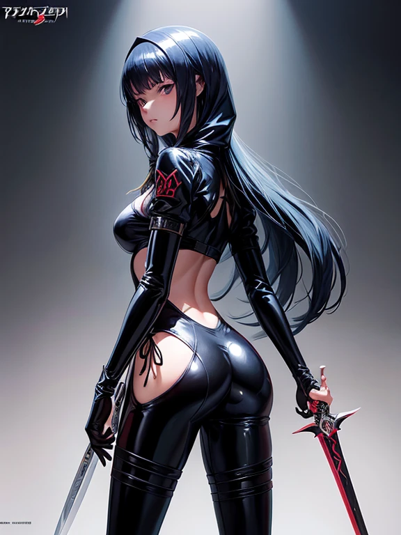 A sexy women dark knight with a grim reaper-inspired sexy outfit, long flowing black hair, and piercing blue eyes, back