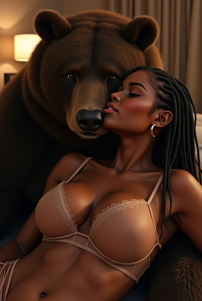 (((Cute smug Face))), (((Cute pose))), ((tongue out, mouth open)), (((detailed blue eyes))), Solo, (((highly detailed black fur))), ((seductive)), (((female))), (((bra))), ((laying down on bed)), snout , detailed eyes, (((medium breasts))), ((eyelashes, black bear)), ((facing viewer)), ((long hair)), (((full body should be seen))), ((belly, massive, belly, biceps)), sharp focus cgi, photorealistic, high detail, realistic, masterpiece, absurdres, best quality, HDR, high quality, high-definition, extremely detailed, 8k wallpaper, intricate details, 8K uhd, Full-HD, (realistic photo:1.2), contrast, harsh lighting, cinematic lighting, natural lighting, hard light, backlighting, global illumination, ambient occlusion