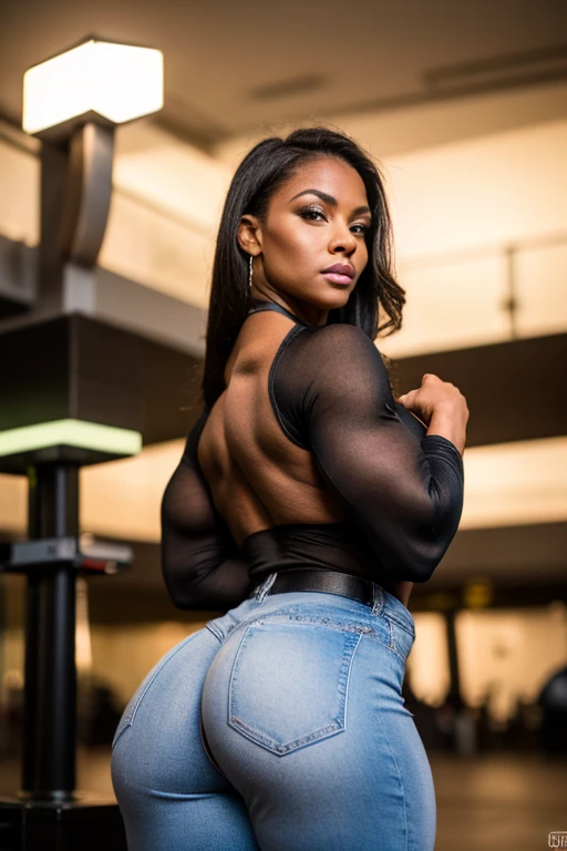 Long hair, Ebony, beautiful, muscular, sexy, shy, large breasts, thick ass, thin waist,lucy \(cyberpunk\), ripped pants, dripping cum, pussy, gaping pussy