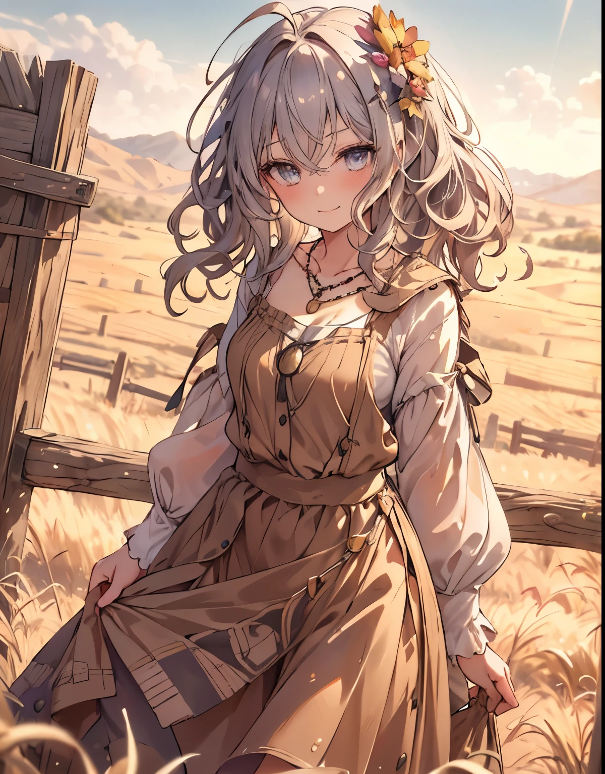 masterpiece, 1 girl, sparrow, a silver haired girl, wearing a medieval farmer clothes, curly medium hair, messy hair, slim body, he close her left eye, shirt ornament, ruby eyes, ahoge, baby face, long sleeves, beautiful eyes, droopy eyes, her age is 19, nagisa_bluearchive, seductive face, medium hair, seductive smile, curly hair, wheatfield, MongolPunkAI, medium breasts, view from right down, she tease you, lend a hand to you, she very close to you, smug smile, rainbow_one, farmer clothes, flared skirt skirt, crocth tattoo, necklace, erotic smile, brown clothes, brown shirt