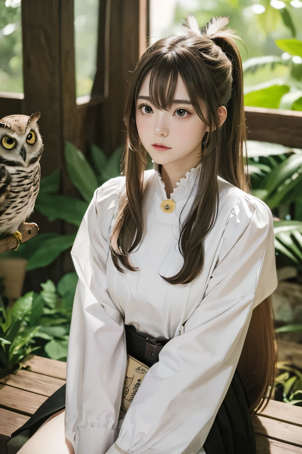 Nanashi Mumei, Owl Girl, Beautiful Girl, age 20, brown ponytail long hair, High nose, Sharp eyes, A noble and inviolable character, (([woman]: 1.2 + [beauty]: 1.2 + Long black hair: 1.2)), floating paper bag friend, background, Bright Eyes, Dynamic angles and postures, wallpaper. feather hair ornament, tree house background