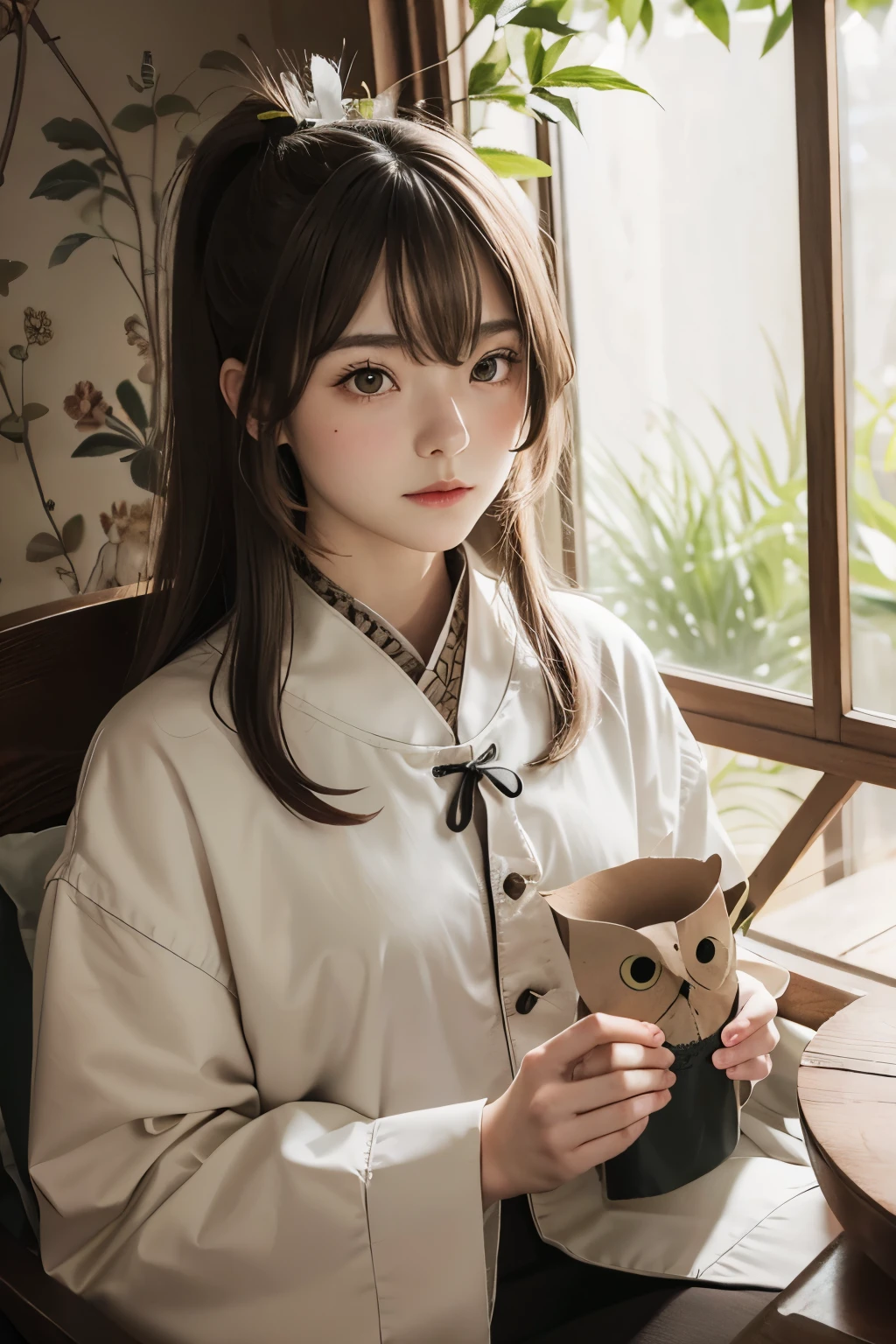 Nanashi Mumei, Owl Girl, Beautiful Girl, age 20, brown ponytail long hair, High nose, Sharp eyes, A noble and inviolable character, (([woman]: 1.2 + [beauty]: 1.2 + Long black hair: 1.2)), floating paper bag friend, background, Bright Eyes, Dynamic angles and postures, wallpaper. feather hair ornament, tree house background