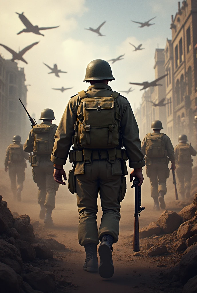 imagem da cidade citiada por guerra vista por um soldado, pessoas correndo , (8k, foto RAW, melhor qualidade, obra-prima: 1.2)