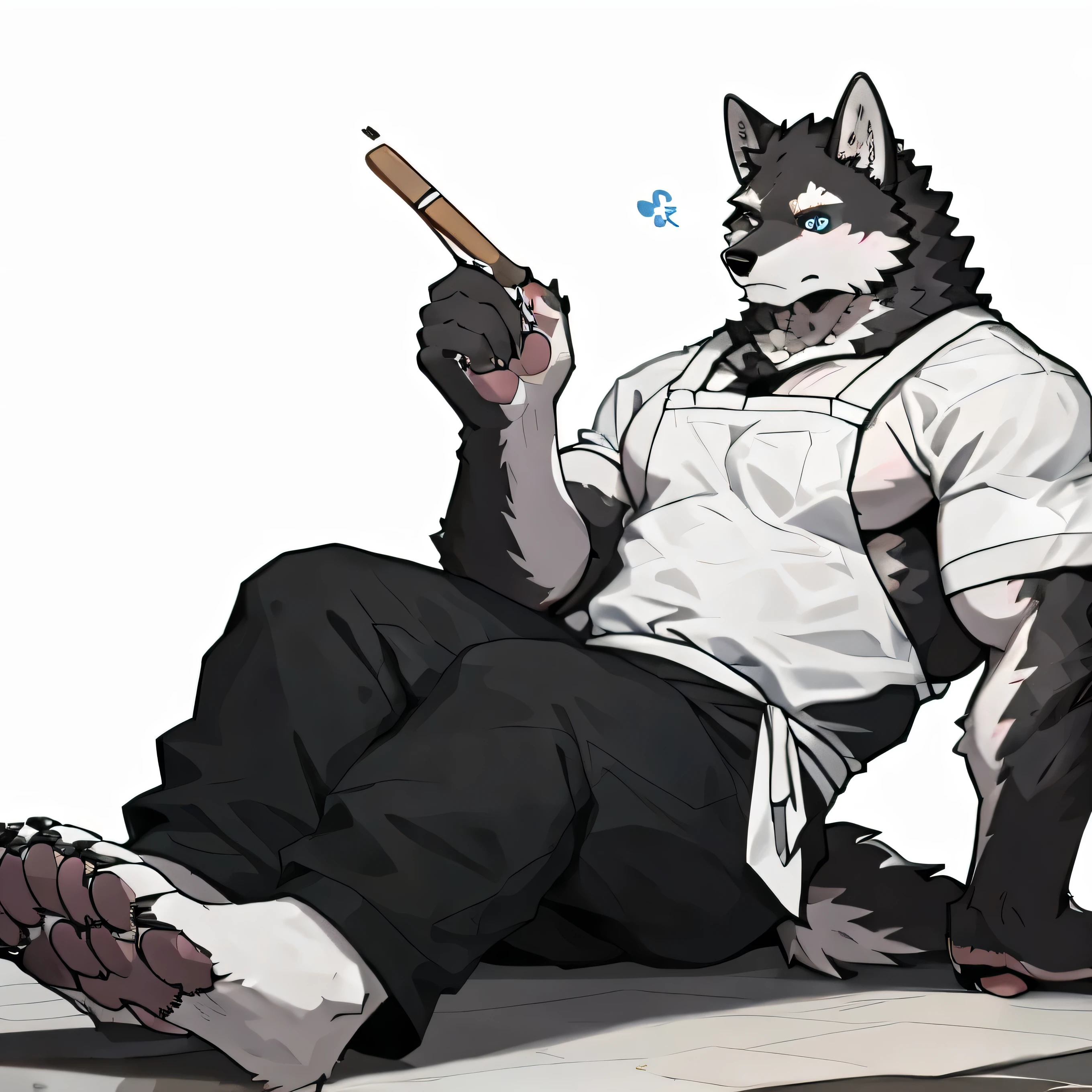 1 boy, Solitary, anthropology, Wolf, hairy, Black and white fur, Where people gather,Sparkling blue eyes, Pink hunk,Have abdominal muscles,muscular, Handsome, apron, Pink palm(Canine animal pads),Black pants(Most of it is covered by apron), White shirt, lie on the floor, sleep, high quality, Super Detail, 1080P, high quality, high quality, best quality, 8k, Super Detail, 16K, White background