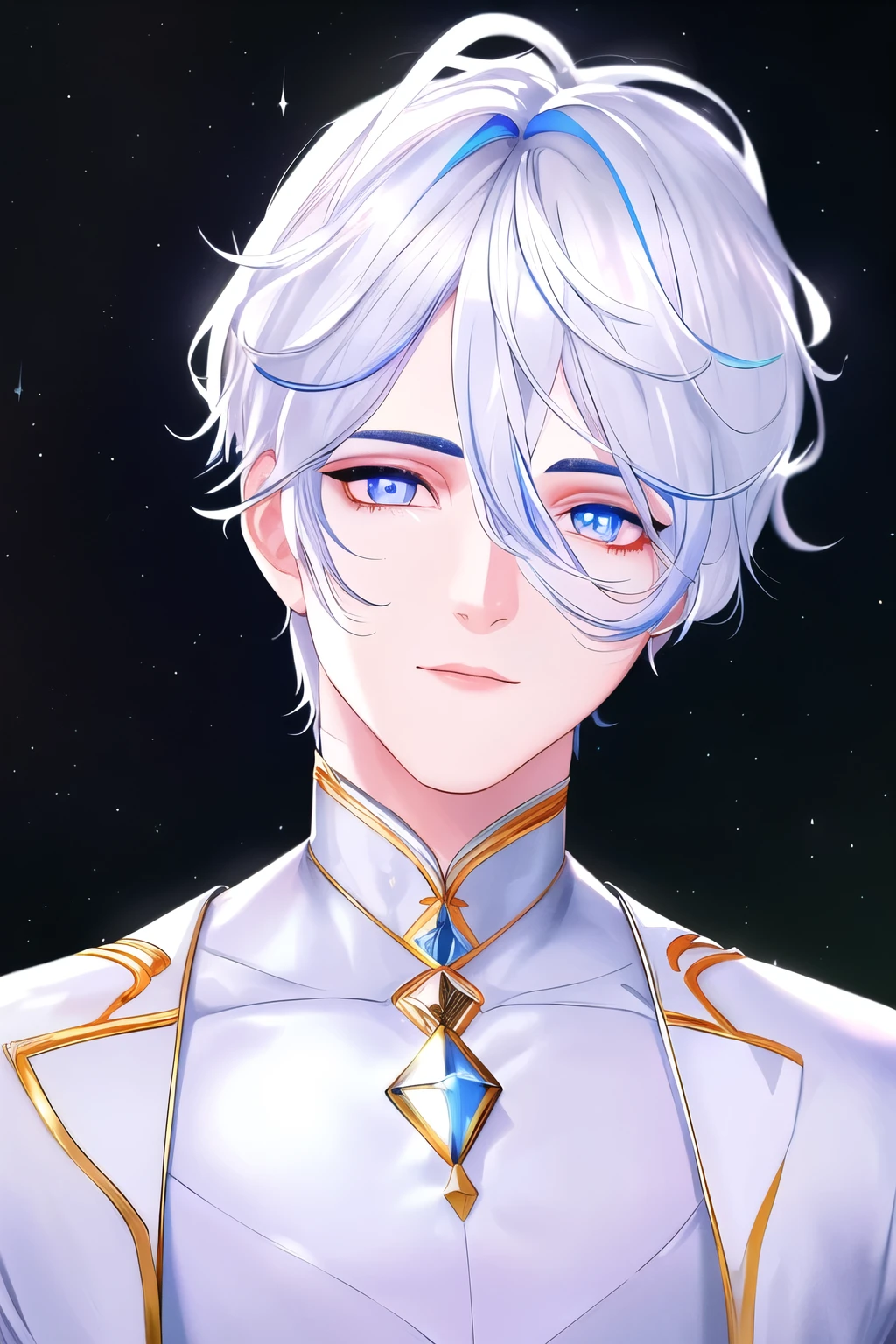 a beautiful boy with iridescent universe eyes, close-up, detailed eyes and face, extremely detailed white glowing hair, shallow depth of field, starry sky, best quality, 8k, highres, masterpiece, photorealistic, vivid colors, studio lighting