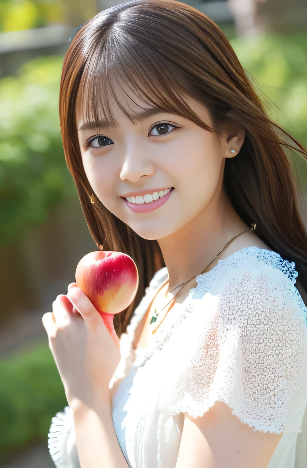 high resolution,Highest quality,Ultra-high resolution,Japanese Beauty,Detailed drawing of faces,Brown eyes,A kind smile,very young,Bright lighting,Exposed crotch,model,Outdoor,necklace,No underwear,Pussy exposure,Fantasy,fairy tale,bag,White fairy clothes,Idol face,I like exposure,Holding an apple in your hand