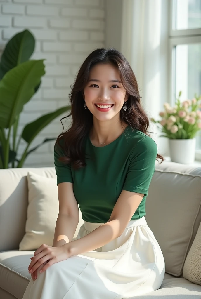 Woman sitting on chair indoors wearing brown boots in short olive dress, BEST QUALITY, High Definition, 8k, 1girl, (Huge :0.9), Sun, Bright,(Olive Dress:1.8,Glossy Clothing:1.8, High Neck:1.5, Satin Skirt:1.8,Brown Shiny Boots,Tights), (Bangs,Side Tails), soft lighting, wind, shiny skin, looking at viewer, smiling