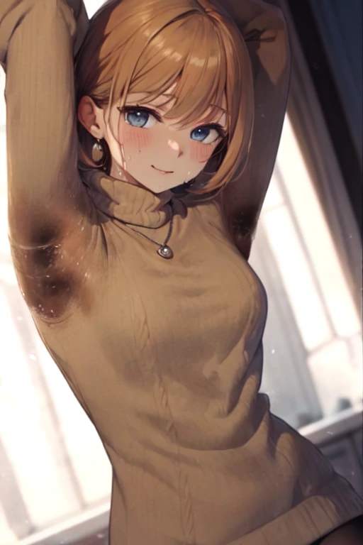 beautiful girl shy body posing, blonde hair, short hair, cute face, sad smile features, green eyes, perspective from below, knitwear, perspective from behind, Open back clothes, long sweater,