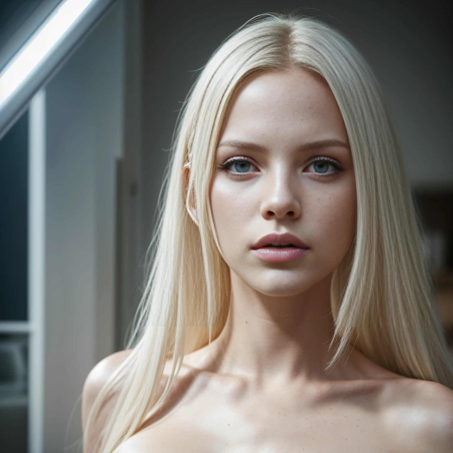 A striking teen adult model with icy blue eyes and angelic features poses, age 18, nude, silver hair (((fully naked))), youthful, energetic, playful, posing, by Tim Walker, full body, business clothing