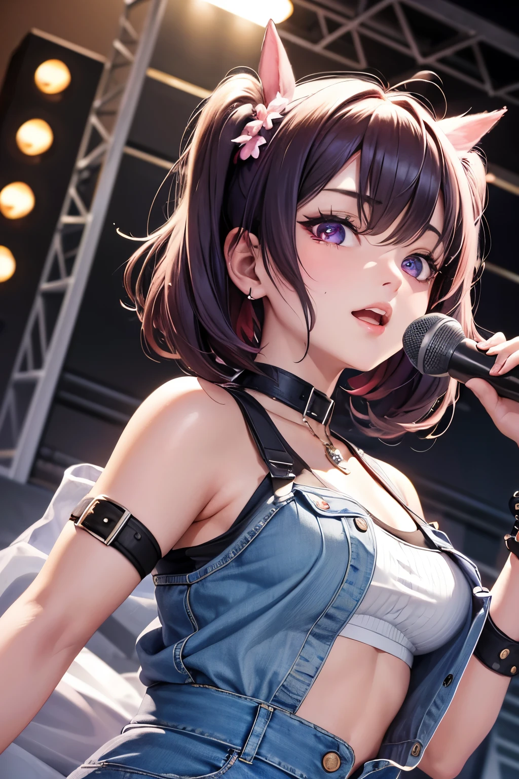 masterpiece, best quality, highly detailed, high resolution, expensive resolution, high resolution, 4K, 8k, Unity 8k wallpaper, highly detailed CG, masterpiece, 2D, 3D, beautiful details, depth, fine texture, best quality: 1.3, perfect focus, crisp skin, him, very cute, 20s girl, idol, holding a microphone and singing, short twin tails, mole under eye, looking at the viewer, expensive, blush, mole, open lips, heart shaped choker, pink eyes