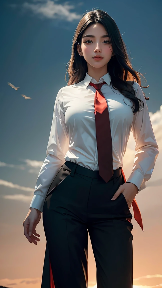 ((Masterpiece, best quality, very detailed), Volumetric light, surrounding occlusion, Rich and colorful, glow), 1 woman, , young girl, (Smooth black), long hair, radius, sacred, goddess, CEO Luke, (black suit, White shirt and red tie:1.3), long black coat, ((a green wind orb on hand)), outdoor, sunset, sky, cloud, (Fantasy Theme:1.2), (full body:0.8)