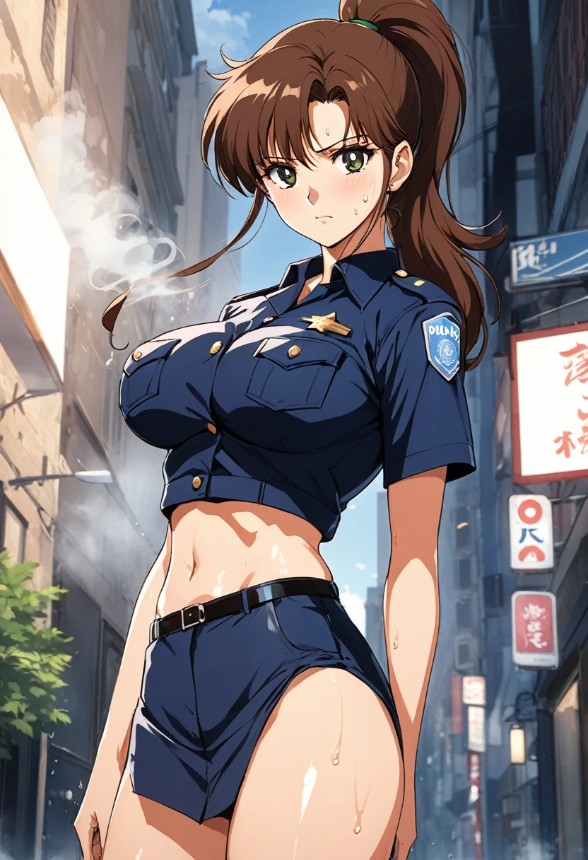 (ultra highres、ultra quality、Masterpiece、8k、),A girl with light hair drawn in high resolution policewoman.japannse police woman、Young and cute 、Asian woman,s hot, Japanese Model, Cute Core, , Chubby 、(big breast)、Town、((Open shirt、I can see your chest.sexly))