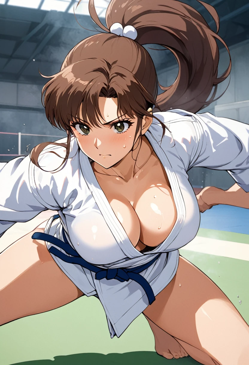 masterpiece, Highest quality, High resolution, (Makoto Kino),1990s \(style\),height: 175cm, Brown long hair,ponytail、 Sexy long legs, Judo, Martial arts field,(E-cup beautiful breasts)、Sweating all over the body、vapor、Muscular、Sweaty、Configuration from the front、Serious expression、look up,Semen splattered on face、Anime-style painting style,Composition focused on the upper body