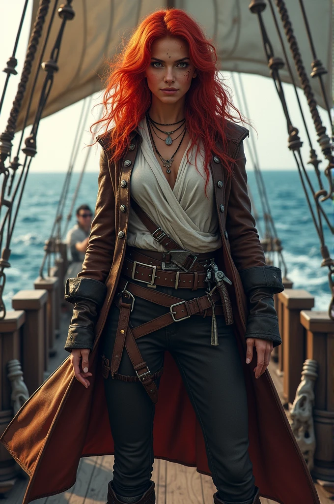 (((Ultra detailed, beautiful face, Megapixel))) On a moonlit night at the edge of the treacherous sea, a cunning and resourceful female pirate leads her crew to hidden treasure. Her ((intense amber eyes)) gleam with the thrill of adventure and the promise of riches beyond imagination. Her ((fiery red hair)) dances in the sea breeze, echoing the untamed spirit of her pirate soul. She dons a worn leather hat, a symbol of her years of experience as a master navigator. Her pirate attire is a mix of practicality and daring, with a deep purple bandana wrapped around her head, hinting at her mysterious and elusive nature. Draped in a weathered leather coat, she exudes an air of rugged charm and stealth, allowing her to blend seamlessly with the shadows of the night. With a pirate's map in hand and a loyal crew behind her, she leads the way to the legendary treasure, navigating through perilous waters and uncharted territories. Behind her, the pirate ship sails gracefully through the moonlit waters, its silhouette a stark contrast against the deep blue sea, as the stars above guide them on their daring quest.