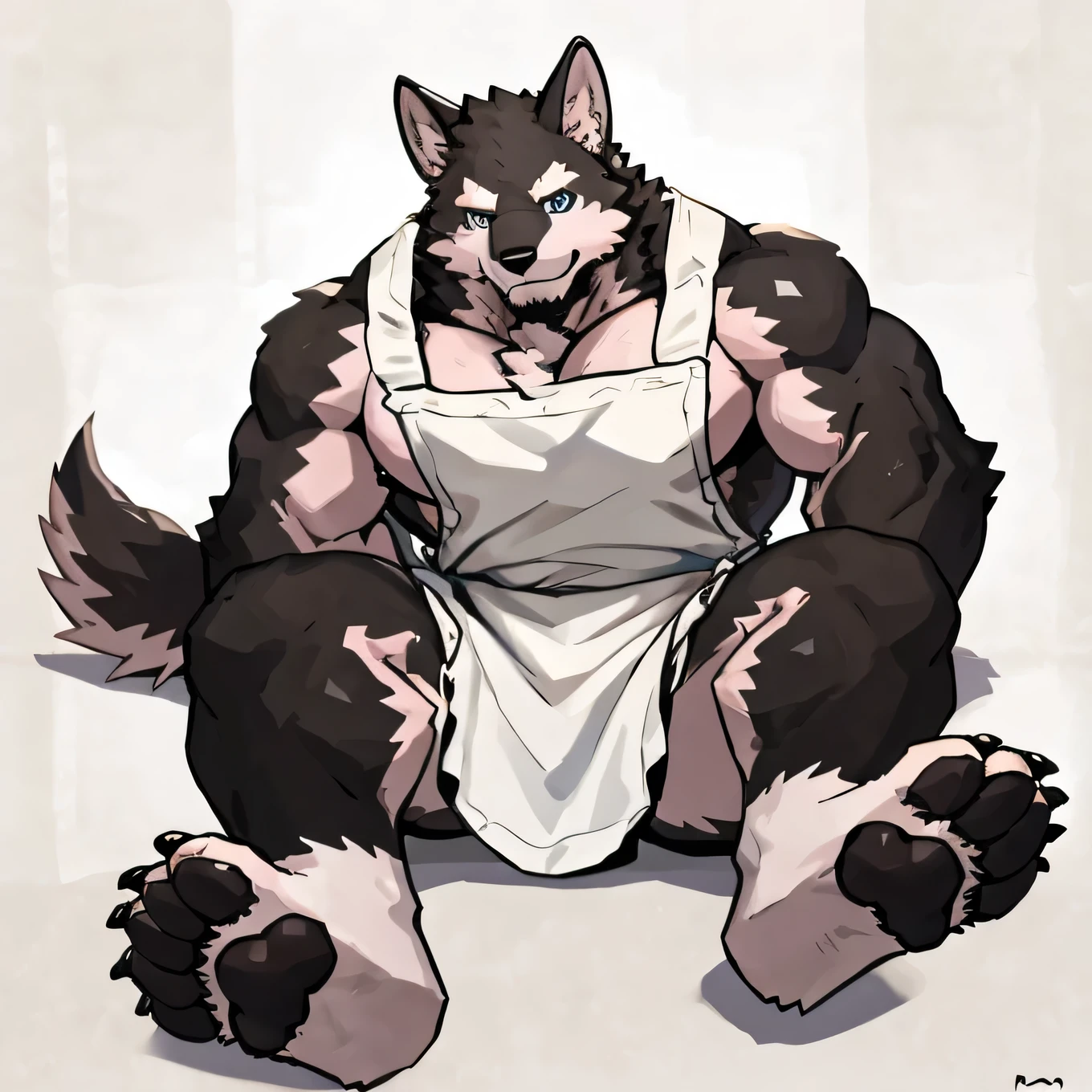 1 boy, Solitary, anthropology, Wolf, hairy, Black and white fur, Where people gather,Sparkling blue eyes, Pink hunk,Have abdominal muscles,Pink palm(Canine-like pads)muscular, Handsome, apron(Cover your naked body), lie on the floor, lie, high quality, Super Detail, 1080P, high quality, high quality, best quality, 8K, Super Detail, 16K, White background