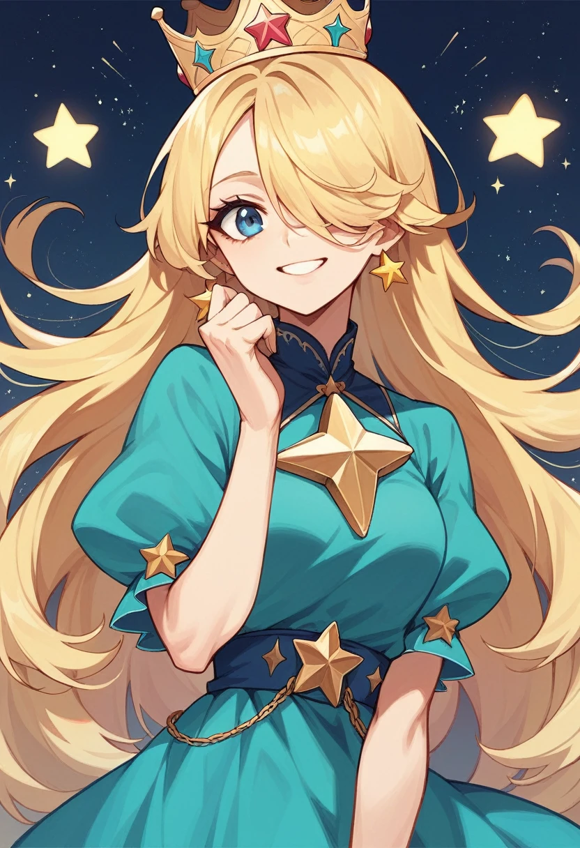 A blonde-haired woman with stars for pupils, sexy seducing