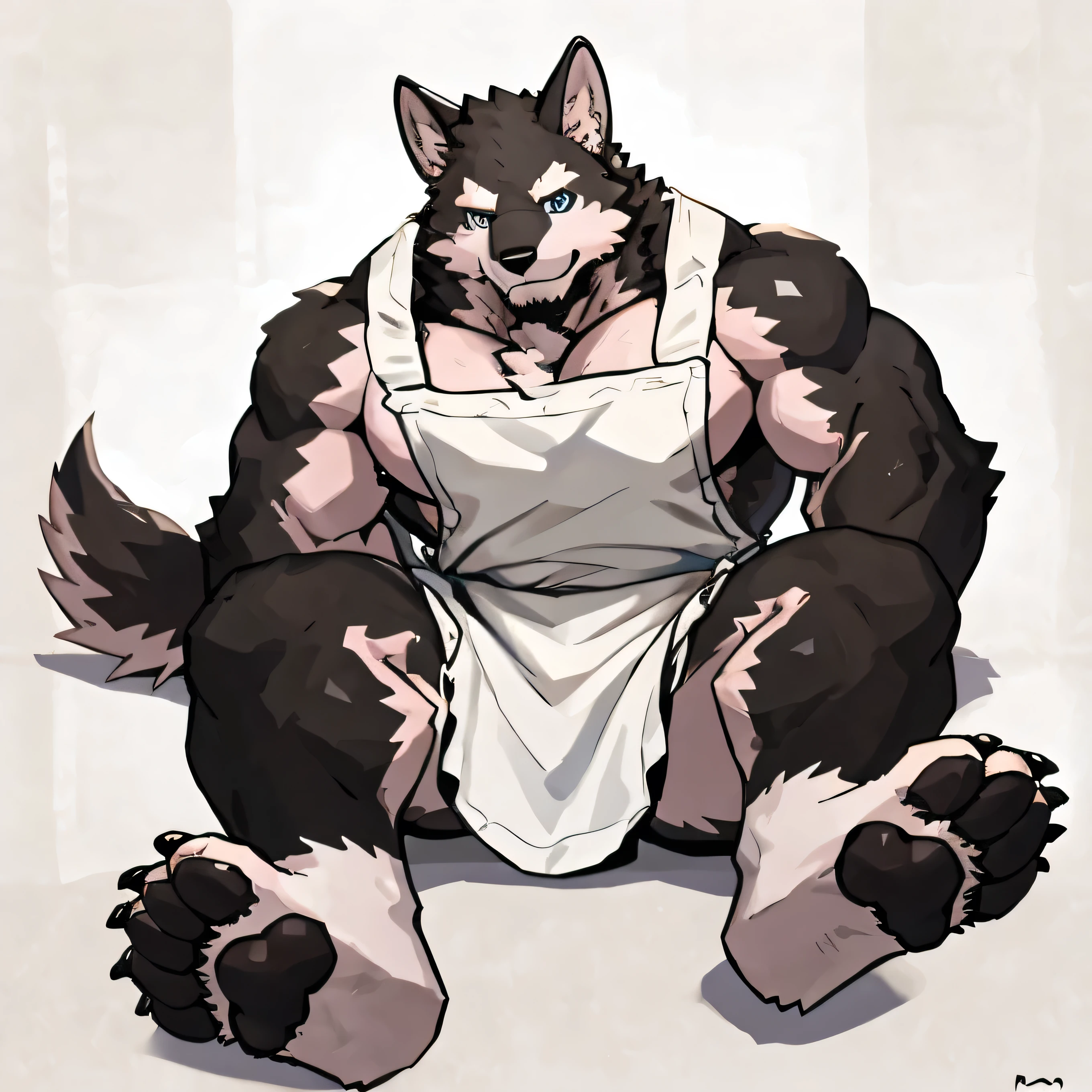 1 boy, Solitary, anthropology, Wolf, hairy, Black and white fur, Where people gather,Sparkling blue eyes, Pink hunk,Have abdominal muscles,Pink palm(Canine-like pads)muscular, Handsome, apron(Cover your naked body), lie on the floor, lie, high quality, Super Detail, 1080P, high quality, high quality, best quality, 8K, Super Detail, 16K, White background