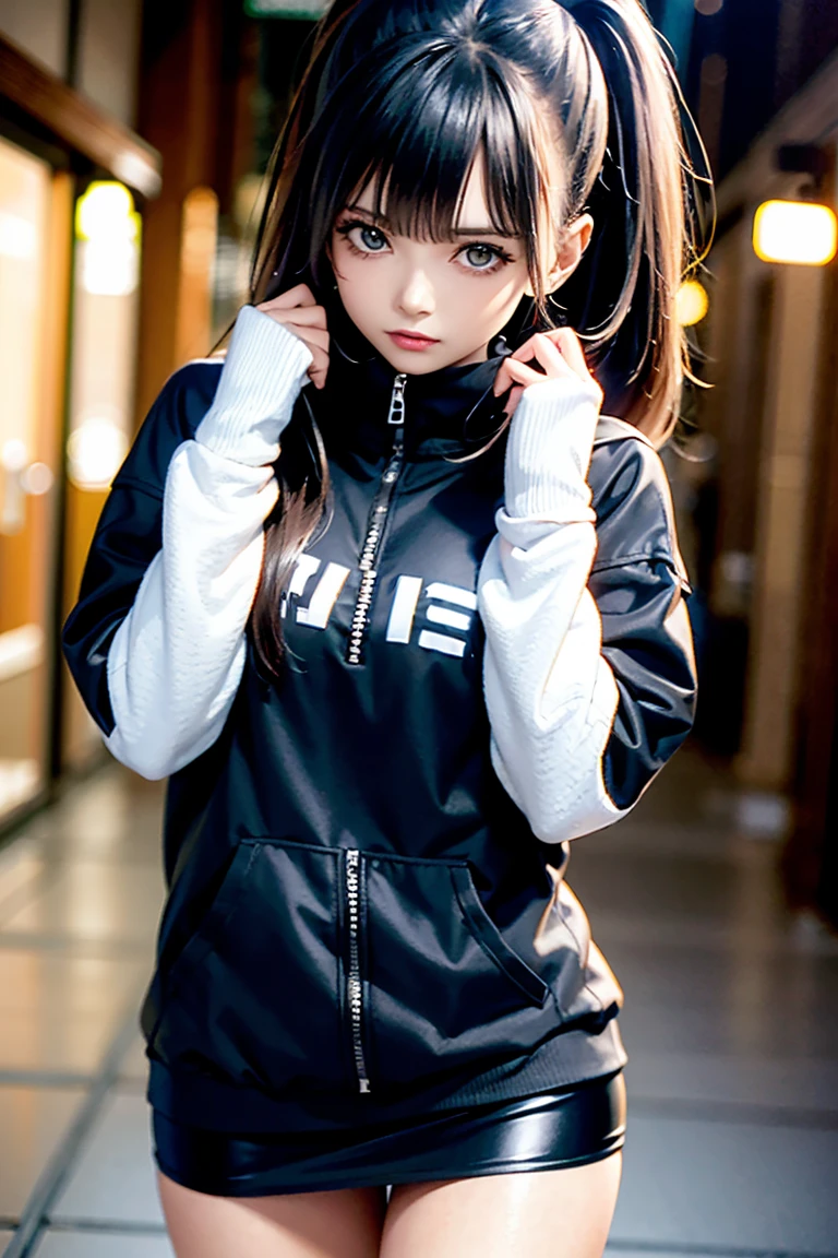 She is taking a photo wearing a black jacket and a black skirt., Fluffy ponytail,Wearing boots,Wear a jacket, cyber future jacket, Bright Cyberpunk Glow, egirl, AND - , Cyberpunk anime in hoodie, wearing Cyberpunk Streetwear, Cyberpunk anime, Cyberpunk Streetwear,Photos of women in techwear,Cyberpunk Style,Extreme ta girl