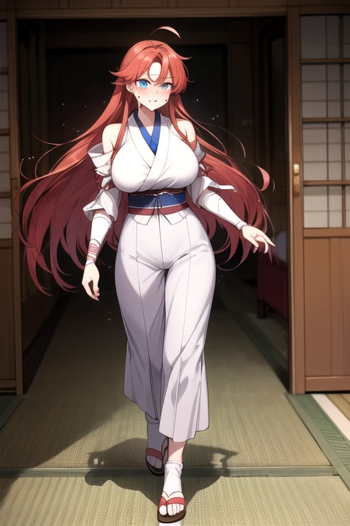 masterpiece, Highest quality, High resolution, Red Hair＿Long Straight Hair、Ahoge、Blue Eyes、　1990s \(style\),、(Big Breasts)、Sweating all over the body、vapor、、Samurai residence、Walking full body view、Shinobi costume