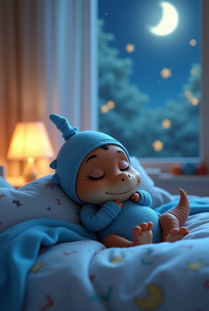 Create an image of a baby in a sine with an alien stuffed animal and his dog next to him