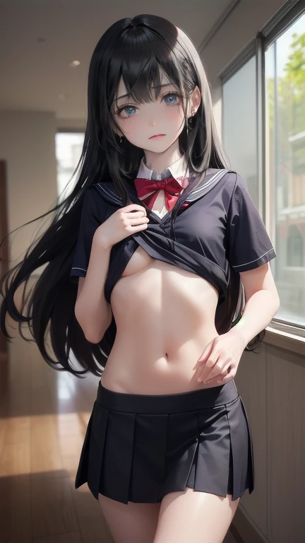 japanese person, cute, , elementaly school student, black hair, twin tails, naked, small bust, shiny skin, blush, tits