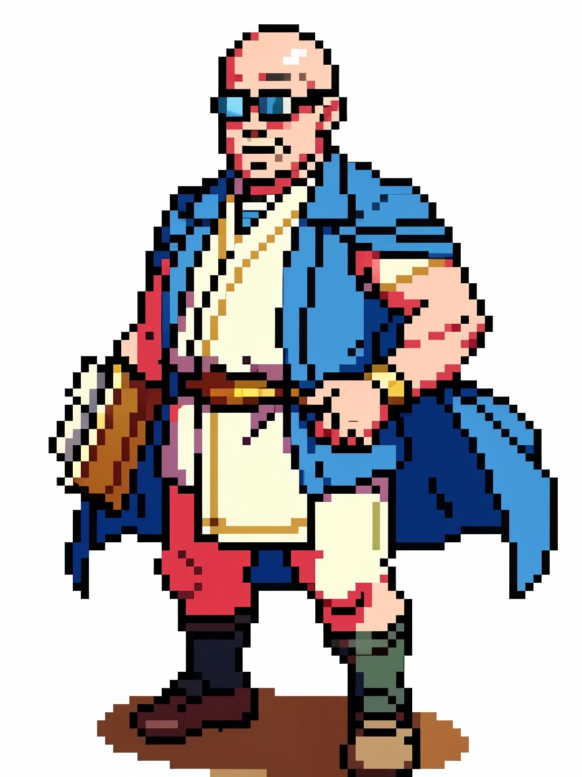 Create a 2D pixel art character that combines elements of retro gaming, specifically inspired by Nintendo NES. The character should be a humanoid-pig boy dressed as a Viking. The art should be in 8-bit style, suitable for use in Scratch projects or Pokemon-like games. Please use a white background for the artwork.