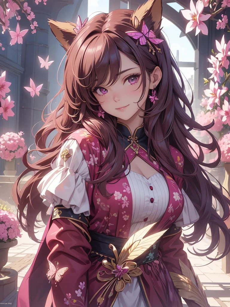 (best quality,4k,8k,highres,masterpiece:1.2),ultra-detailed,(realistic,photorealistic,photo-realistic:1.37),acrylic painting,beautiful Brazilian model in a uniform outfit red and gold with downy hair,beautiful Brazilian model with extremely colorful brown hair and detailed facial features,beautiful Brazilian model standing in a beautiful garden surrounded by a starry sky,pink hair,beautiful Brazilian model wearing a vibrant rose pinkl and gold uniform outfit,beautiful Brazilian model with intricate accessories,cat ears, ,beautiful Brazilian model with long flowing twintails,beautiful Brazilian model with bright brown eyes and rosy lips,beautiful Brazilian model with a joyful expression,beautiful Brazilian model in a dynamic pose with cherry blossoms falling around her,beautiful Brazilian model surrounded by colorful flowers and butterflies,beautiful Brazilian model's school uniform outfit adorned with cute bows and lace details red and gold,beautiful Brazilian model with an enchanting smile,beautiful Brazilian model with soft, pastel-colored shading,beautiful Brazilian model with a magical glow illuminating her,beautiful Brazilian model in a picturesque setting with a winding path leading to a magnificent castle,beautiful Brazilian model with a fairytale-like background,beautiful Brazilian model with a soft, dreamy atmosphere,beautiful Brazilian model with a subtle bokeh effect,beautiful Brazilian model standing under a sunny sky,beautiful Brazilian model with a warm, golden sunset in the background,beautiful Brazilian model surrounded by twinkling stars and colorful nebulae,creating an ethereal and captivating artistic masterpiece, sitting down, facing camera, uniform outfit genshin 