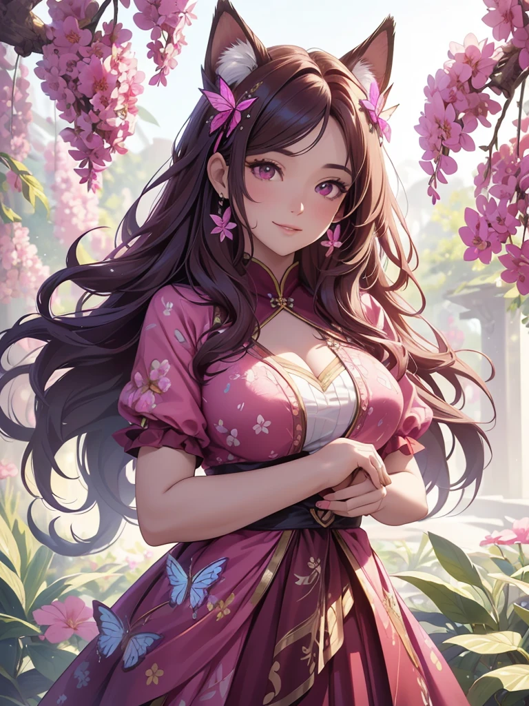 (best quality,4k,8k,highres,masterpiece:1.2),ultra-detailed,(realistic,photorealistic,photo-realistic:1.37),acrylic painting,beautiful Brazilian model in a genshin pink outfit with downy hair,beautiful Brazilian model with extremely colorful brown hair and detailed facial features,beautiful Brazilian model standing in a beautiful garden surrounded by a starry sky,brown hair,beautiful Brazilian model wearing a vibrant pink gold and teal genshin outfit,beautiful Brazilian model with intricate accessories,cat ears, ,beautiful Brazilian model with long flowing twintails,beautiful Brazilian model with bright brown eyes and rosy lips,beautiful Brazilian model with a joyful expression,beautiful Brazilian model in a dynamic pose with cherry blossoms falling around her,beautiful Brazilian model surrounded by colorful flowers and butterflies,beautiful Brazilian model's school uniform outfit adorned with cute bows and lace details red and gold,beautiful Brazilian model with an enchanting smile,beautiful Brazilian model with soft, pastel-colored shading,beautiful Brazilian model with a magical glow illuminating her,beautiful Brazilian model in a picturesque setting with a winding path leading to a magnificent castle,beautiful Brazilian model with a fairytale-like background,beautiful Brazilian model with a soft, dreamy atmosphere,beautiful Brazilian model with a subtle bokeh effect,beautiful Brazilian model standing under a sunny sky,beautiful Brazilian model with a warm, golden sunset in the background,beautiful Brazilian model surrounded by twinkling stars and colorful nebulae,creating an ethereal and captivating artistic masterpiece, facing camera, uniform outfit genshin, up close, face only.