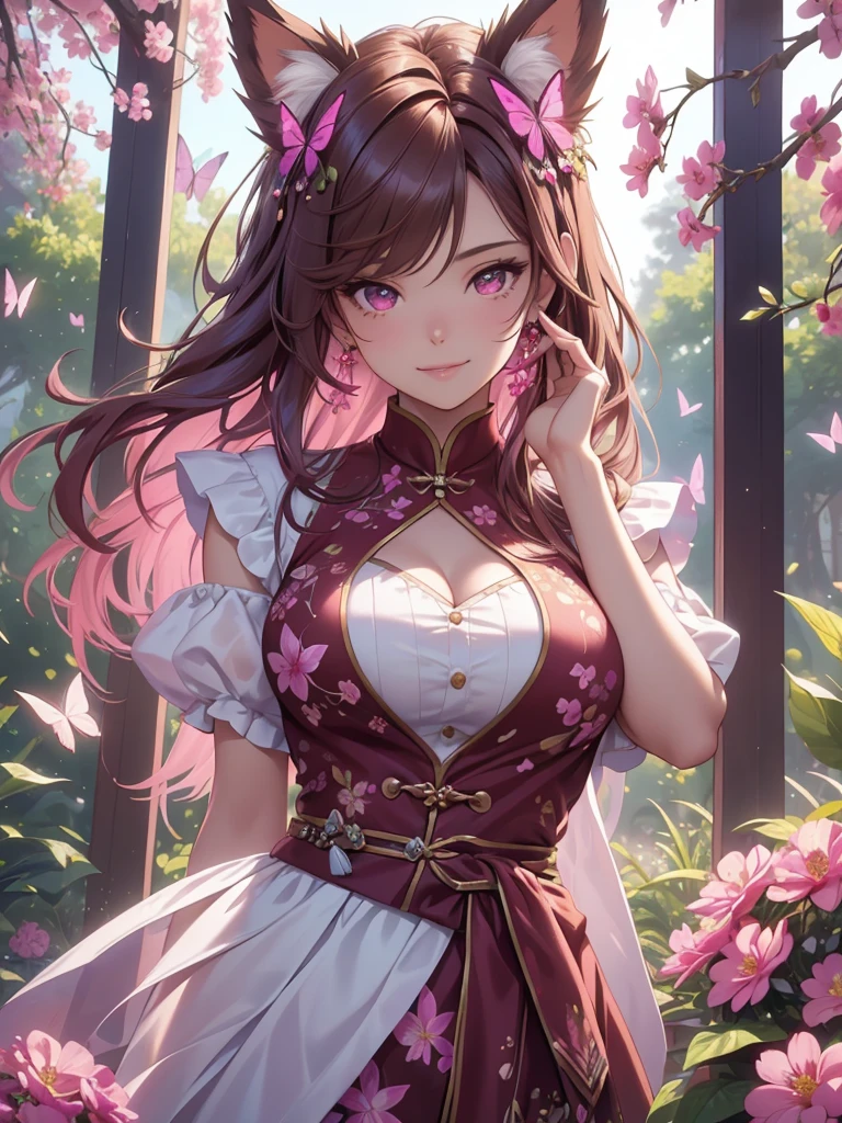 (best quality,4k,8k,highres,masterpiece:1.2),ultra-detailed,(realistic,photorealistic,photo-realistic:1.37),acrylic painting,beautiful Brazilian model in a Lolita dress with downy hair,beautiful Brazilian model with extremely colorful brown hair and detailed facial features,beautiful Brazilian model standing in a beautiful garden surrounded by a starry sky,brown hair,beautiful Brazilian model wearing a vibrant pink and teal Lolita dress,beautiful Brazilian model with intricate accessories,cat ears,beautiful Brazilian model posing gracefully with her hands on her hips,beautiful Brazilian model with long flowing twintails,beautiful Brazilian model with bright brown eyes and rosy lips,beautiful Brazilian model with a joyful expression,beautiful Brazilian model in a dynamic pose with cherry blossoms falling around her,beautiful Brazilian model surrounded by colorful flowers and butterflies,beautiful Brazilian model's dress adorned with cute bows and lace details,beautiful Brazilian model with an enchanting smile,beautiful Brazilian model with soft, pastel-colored shading,beautiful Brazilian model with a magical glow illuminating her,beautiful Brazilian model in a picturesque setting with a winding path leading to a magnificent castle,beautiful Brazilian model with a fairytale-like background,beautiful Brazilian model with a soft, dreamy atmosphere,beautiful Brazilian model with a subtle bokeh effect,beautiful Brazilian model standing under a sunny sky,beautiful Brazilian model with a warm, golden sunset in the background,beautiful Brazilian model surrounded by twinkling stars and colorful nebulae,creating an ethereal and captivating artistic masterpiece, sitting down.