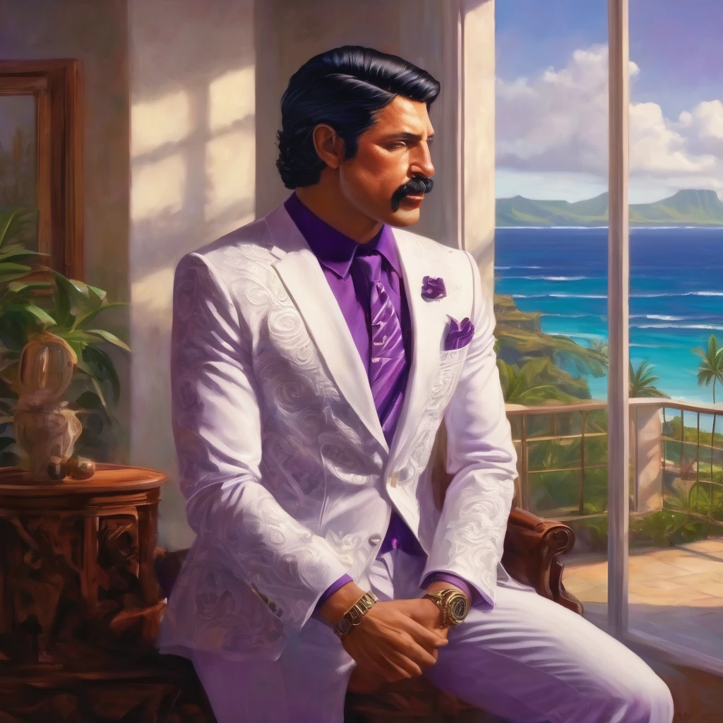 (obra maestra, Mejor calidad:1.2), 1 chico, thenahualli, serious, dangerous man, elegant, elegante, white suit, purple shirt, mansion, living room, indoor, big windows, views of the ocean, Hawaii, (((realistic, detailed, photorealistic)))