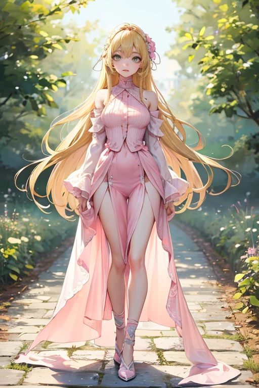 )a thin woman with long blonde hair, woman has green eyes, girly pink outfit) best quality, adorable, ultra-detailed, illustration, complex, detailed, extremely detailed, detailed face, soft light, soft focus, perfect face. illustration:full body, outside 