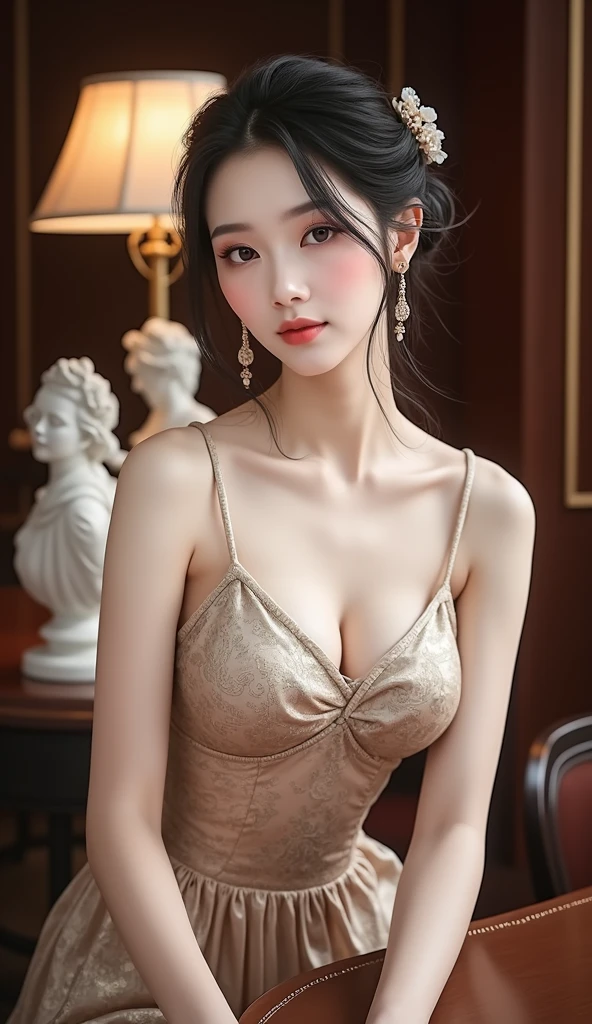 fairy dress, ((1 girl, Elegant posture)), Natural leg proportions, Visible cleavage, masterpiece, (best quality, 4K, 8K, high resolution, masterpiece:1.2), Extremely detailed, (Practical, photoPractical, photo-Practical:1.37), Official Art, CG, Anatomically correct, Random Scenes, Random shooting angle, Movie, photography, Intricate background, Soft lighting, Subtle shadows, Vibrant colors, Expressive eyes, Beautiful, high class boutique, Ambience, A moment of honesty, Natural expression, Detailed texture, Fine details, Refined and elegant, Exquisite style, Artistic Composition, Beautifully presented.