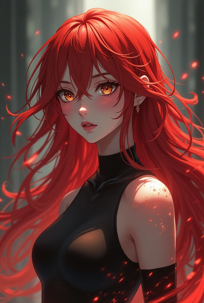 A red-haired girl with long, messy hair emerges sensually from a dark lake of blood