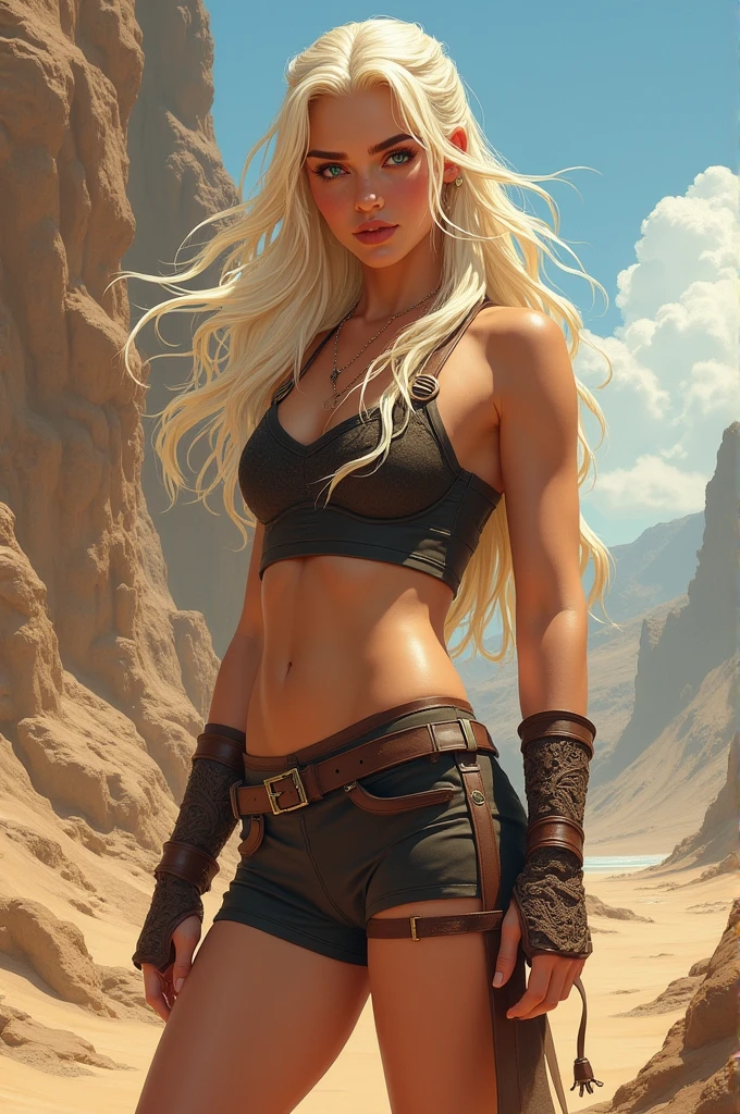 Masterpiece, Transitioning to a desert landscape at sunset, a lone figure, a beautiful  American teenage girl emerges wearing beautiful  post apocalyptic nomadic clothes, white skin, blonde hair, blue-grey eyes, freckles on face, slim running body, small breasts, very detailed face, ultra realistic face, very beautiful face, post-apocalyptic clothing. Layers of tattered fabric, unconventional accessories, and a weathered look create an aura of survival and resilience, 16K, ultra high res.photorealistic, UHD, RAW, DSLR