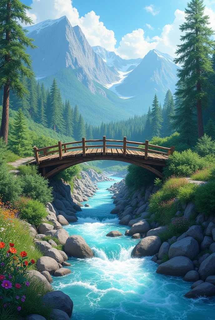 A wooden bridge over a fast-flowing river with crystal-clear - SeaArt AI