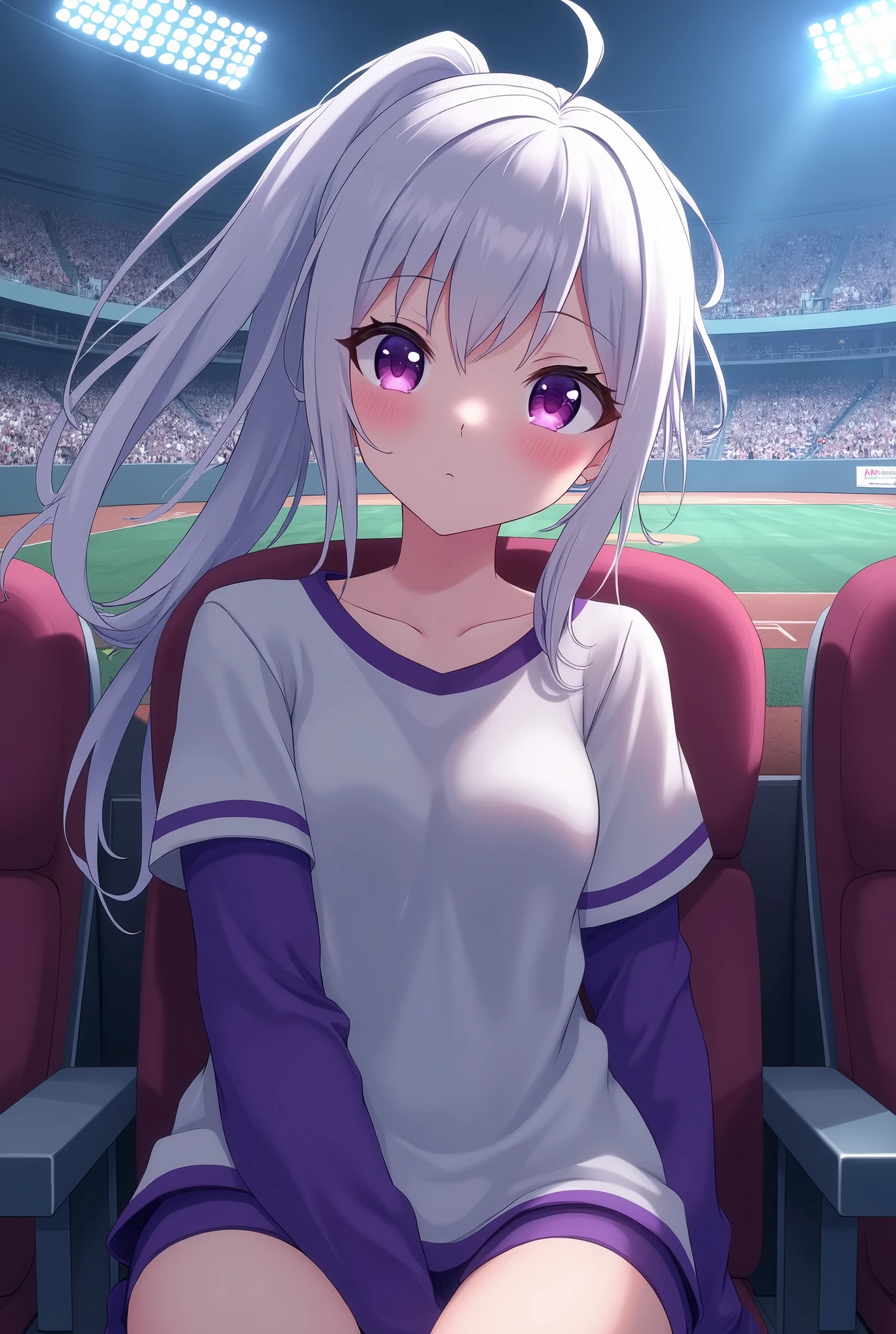 mastute piece,Best Quality,insanely detailed,8k cg,nsfw,
(shoot upper body:1.3),
(1girls:1.3),standing,looking at viewr,body in front,both arms behind back,(school uniform,serafuku:1.3,baseball-cap),(bare breasts:1.1),(bare nipples:1.1),
break,
blush,shy,(ecstasy face),(trembling:1.2),break,(light purple hair:1.2),
break,
perfect breasts,perfect teats,(open mouth:0.9),(large breasts:1.2),
(stadium),