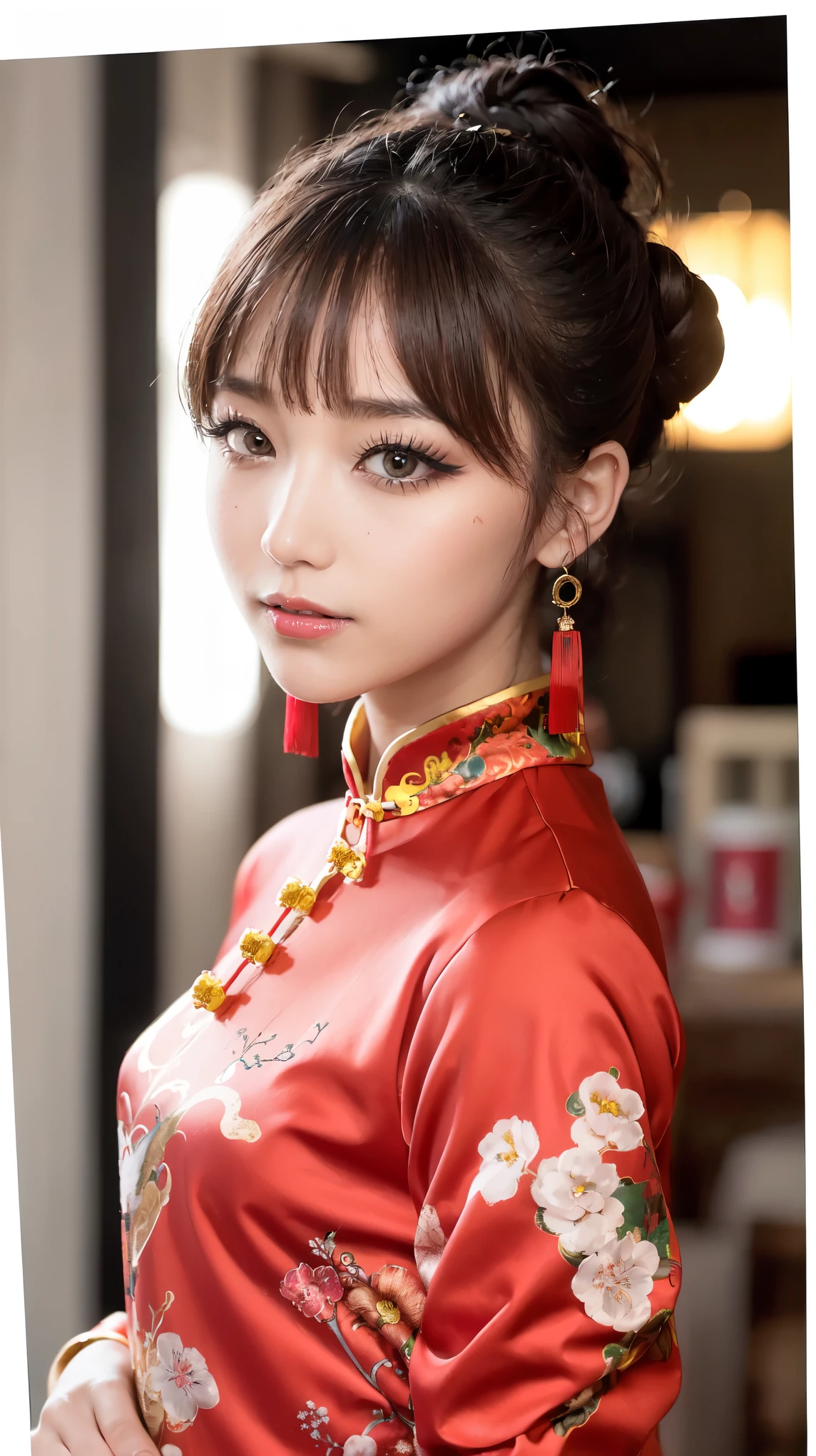 Realistic, masterpiece, Highest quality, Highest Resolution, Anatomically correct, Accurate Anatomy, 7 heads, Height: 165cm, One Japanese woman, profile, Staring at the audience, Smiling with an open mouth, Staring at the audience, Fine and beautiful eyes, Sparkling eyes, Thin eyebrows, Gives lashes a delicate finish, False eyelashes, (Chinese traditional makeup:1.2), (Dumpling＋Braided hair, Blunt bangs, Brown Hair:1.2), Detailed face, Sharp Eyes, (Traditional Chinese Dress, Clothes that fit snugly to the body, Random Color:1.3), Upper body photo, Background like ink painting