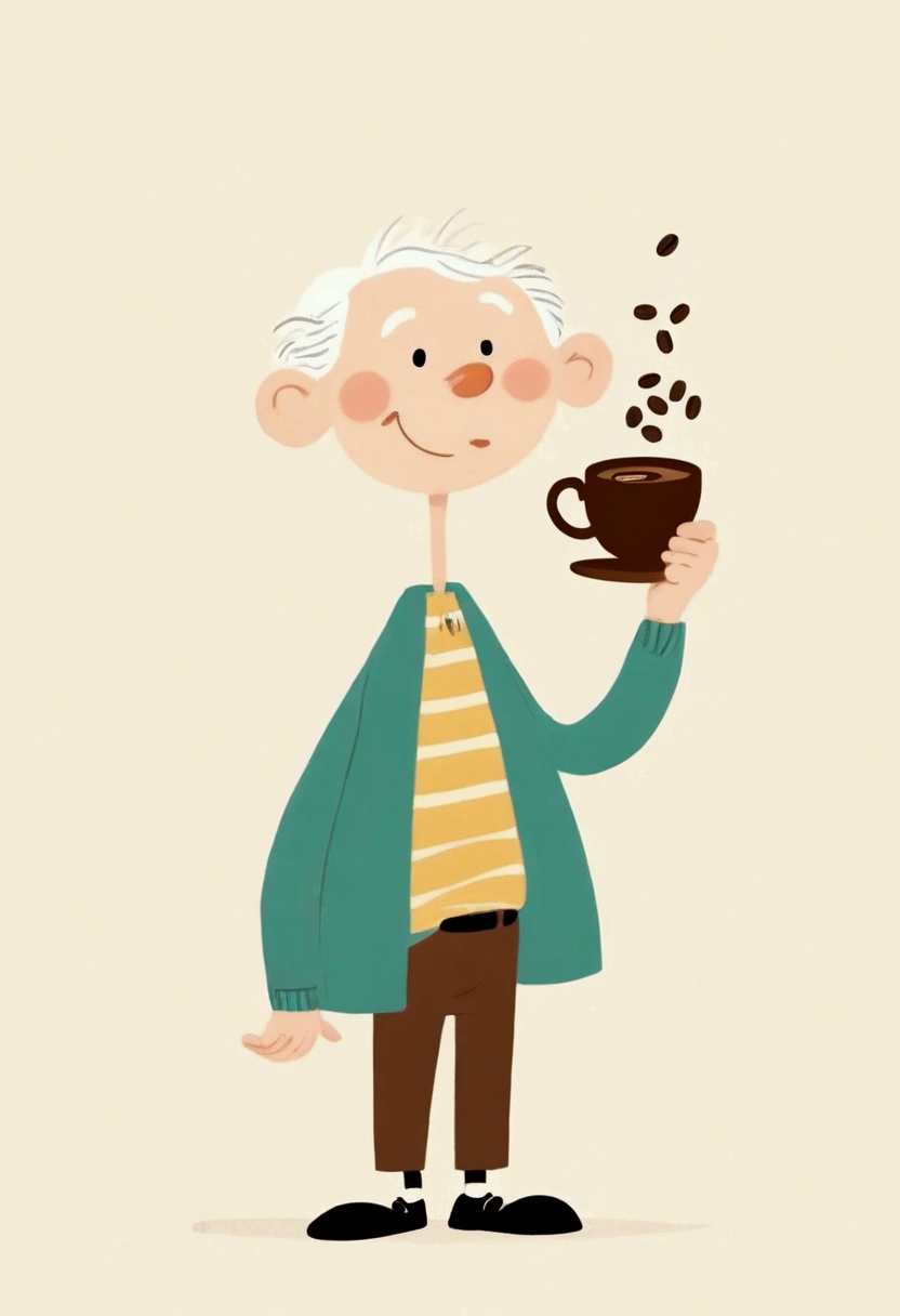 Stick Figure，Cartoon grandfather and coffee beans。Unique。cute