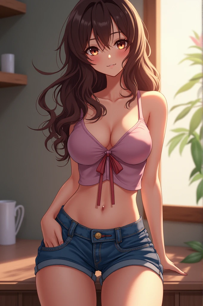 (table top, highest quality, High resolution, , perfect pixel, 4k,), 1 girl, single, alone, Beautiful woman、I could see the whole body、 ((wavy mid hair, bangs, brown hair)), ((brown eyes, beautiful eyelashes, realistic eyes)), ((detailed face, blush:1.2)), ((smooth texture:0.75, realistic texture:0.65, realistic:1.1, Anime CG style)), medium breasts, dynamic angle, perfect body, ((, female teacher, , earrings、necklace、denim tight mini skirt、black knee high stockings、open both legs wide、、shy smile、Sit on the floor、leaning forward)), Upper grade、、、evening、、(Pink lace panties and bra are visible、、(Bring your chest and arms together、Lift up your skirt and show your panties、The wind blows up my skirt)、angle from below)、