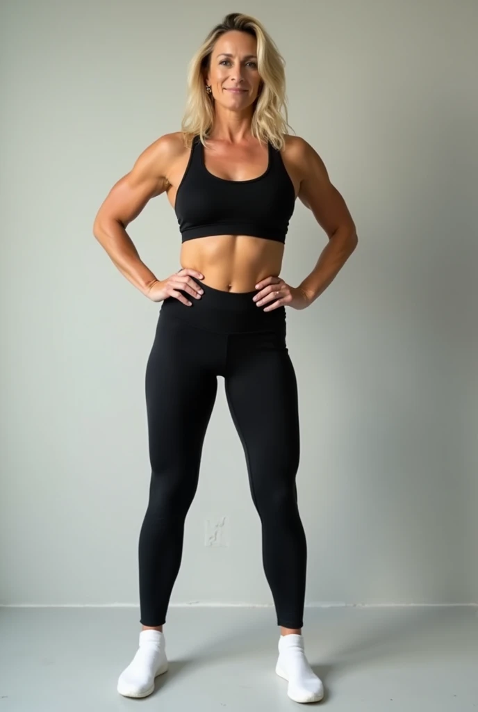 Belle jeune femme de 18 ans, cheveux blonds, pose du dos, lycra de sport moulante, montrer les fesses