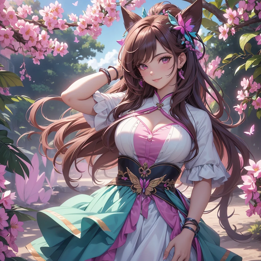 (best quality,4k,8k,highres,masterpiece:1.2),ultra-detailed,(realistic,photorealistic,photo-realistic:1.37),acrylic painting,beautiful Brazilian model in a Lolita dress with downy hair,beautiful Brazilian model with extremely colorful brown hair and detailed facial features,beautiful Brazilian model standing in a beautiful garden surrounded by a starry sky,brown hair,beautiful Brazilian model wearing a vibrant pink and teal Lolita dress,beautiful Brazilian model with intricate accessories,cat ears,beautiful Brazilian model posing gracefully with her hands on her hips,beautiful Brazilian model with long flowing twintails,beautiful Brazilian model with bright brown eyes and rosy lips,beautiful Brazilian model with a joyful expression,beautiful Brazilian model in a dynamic pose with cherry blossoms falling around her,beautiful Brazilian model surrounded by colorful flowers and butterflies,beautiful Brazilian model's dress adorned with cute bows and lace details,beautiful Brazilian model with an enchanting smile,beautiful Brazilian model with soft, pastel-colored shading,beautiful Brazilian model with a magical glow illuminating her,beautiful Brazilian model in a picturesque setting with a winding path leading to a magnificent castle,beautiful Brazilian model with a fairytale-like background,beautiful Brazilian model with a soft, dreamy atmosphere,beautiful Brazilian model with a subtle bokeh effect,beautiful Brazilian model standing under a sun sky,beautiful Brazilian model with a warm, golden sunset in the background,beautiful Brazilian model surrounded by twinkling stars and colorful nebulae,creating an ethereal and captivating artistic masterpiece, normal pose.