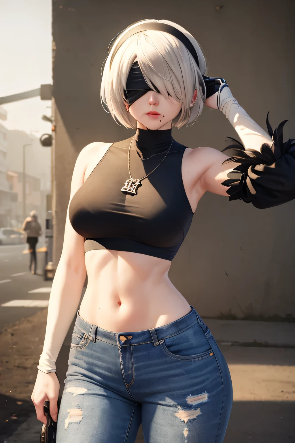 masterpiece, best quality, highres, hm2b, black blindfold, covered eyes, mole under mouth, necklace, earrings, crop top, navel, jeans, sleeveless, street, cowboy shot, hand in pocket,