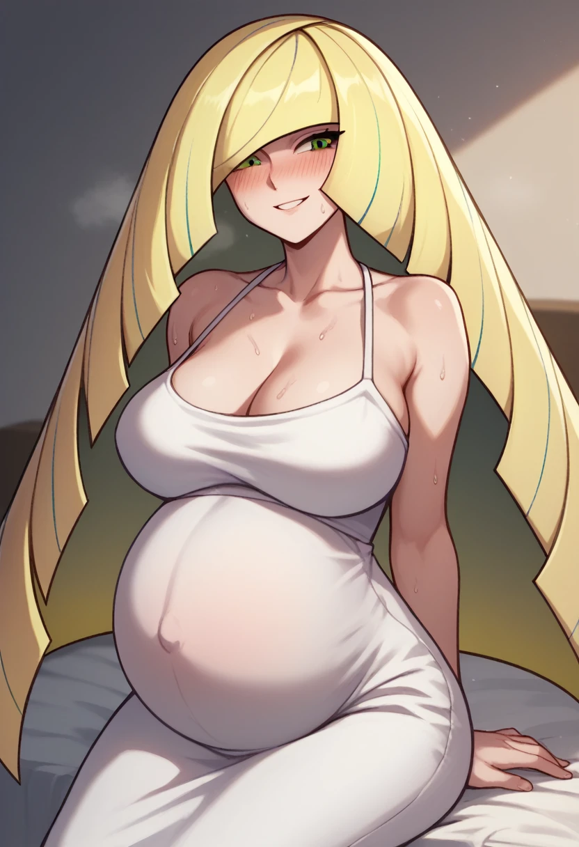 Larger breasts、Cleavage、blush、Sweat、In the heat、pokemonlusamine, blonde hair, green eyes, hair over one eye, long hair, multicolored hair, streaked hair, very long hair,、(The whole body is visible)、(white camisole dress)、Troubled face、Closed eyes、Are standing、Pregnant women:0.5、Sit on the bed、
{Highest quality}, {so beautiful}, {Very detailed}, {Best illustrations}, smile. 