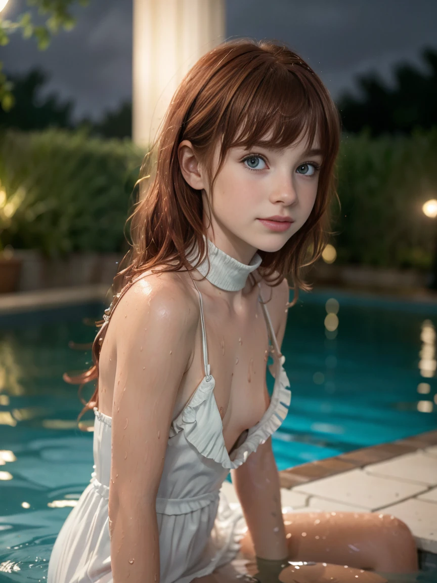 Ultra photoreal, Intricate details, Photorealistic,Ultra detailed, 4K, 8K, award-winning glamour photography, ((best quality)) ((masterpiece)) ((realistic)) ((inside the pool scene)) ((using a dress in to the water)) ((submerged in water)) ((splasing in pool)) ((midnight)) ((moon light)) beautiful redhead ((childish ginger girl)) ((Redhead nymphete Named Claire)) ((wavy long red hair)) ((wearing one piece turtle neck white expensive dress))12 yo girl, nsfw, naive, shy, short, thin, fit, beautiful, cute, pale skin, (long intense red hair), green eyes, just a little smile, small pointy sagging breasts, sitting outside at night, city landscape background, ((perfect breasts)), innocent, intricate details, highly detailed, sharp focus, professional, 4K, blooming spring flowers, god rays, hand model, dazzling green eyes, small, delicate, innocent, highres, european facial details, high detail, sharp focus, smooth, aesthetic, extremely detailed, photo_ (ultra), photorealistic, realistic, post-processing, maximum detail, roughness, real life, ultra realistic, photorealism, photography, 8k Uhd, photography, light SEMI-SILHOUETTE, irish face, ((fragile girl)) ((fringe with textured bangs))
