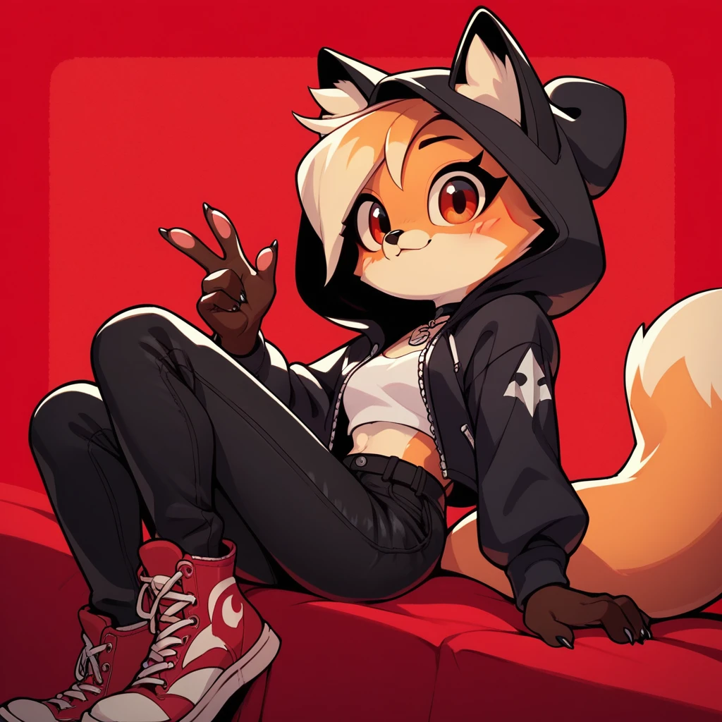 1girl, fox girl, cute fox, anthro, black hood, black pants, red background